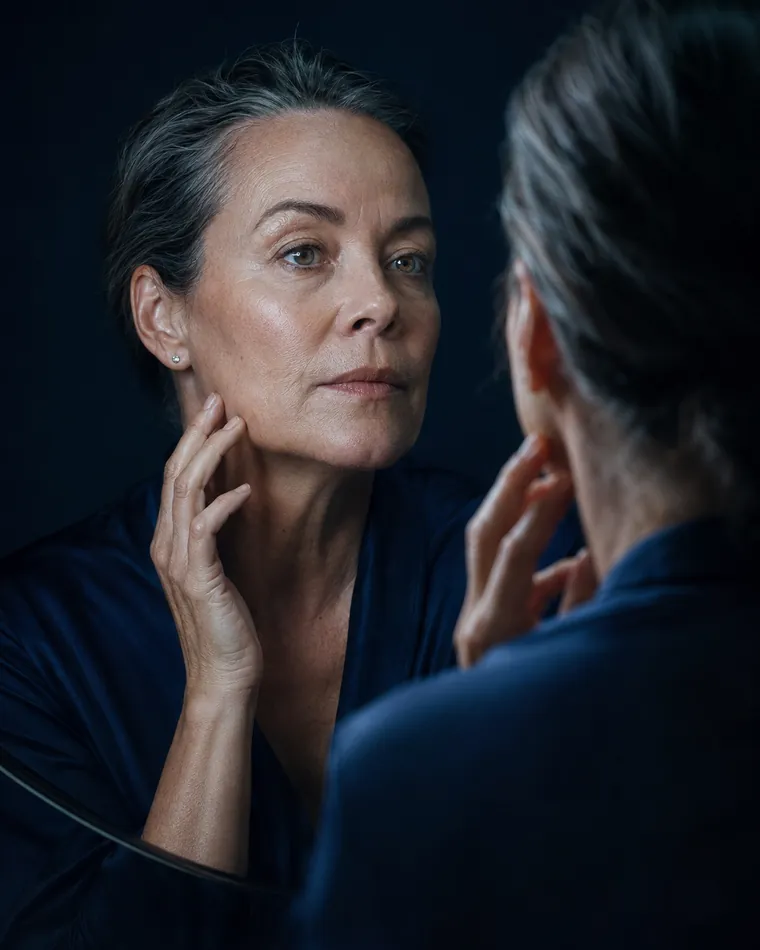 Mulher observando os sinais da idade na pele